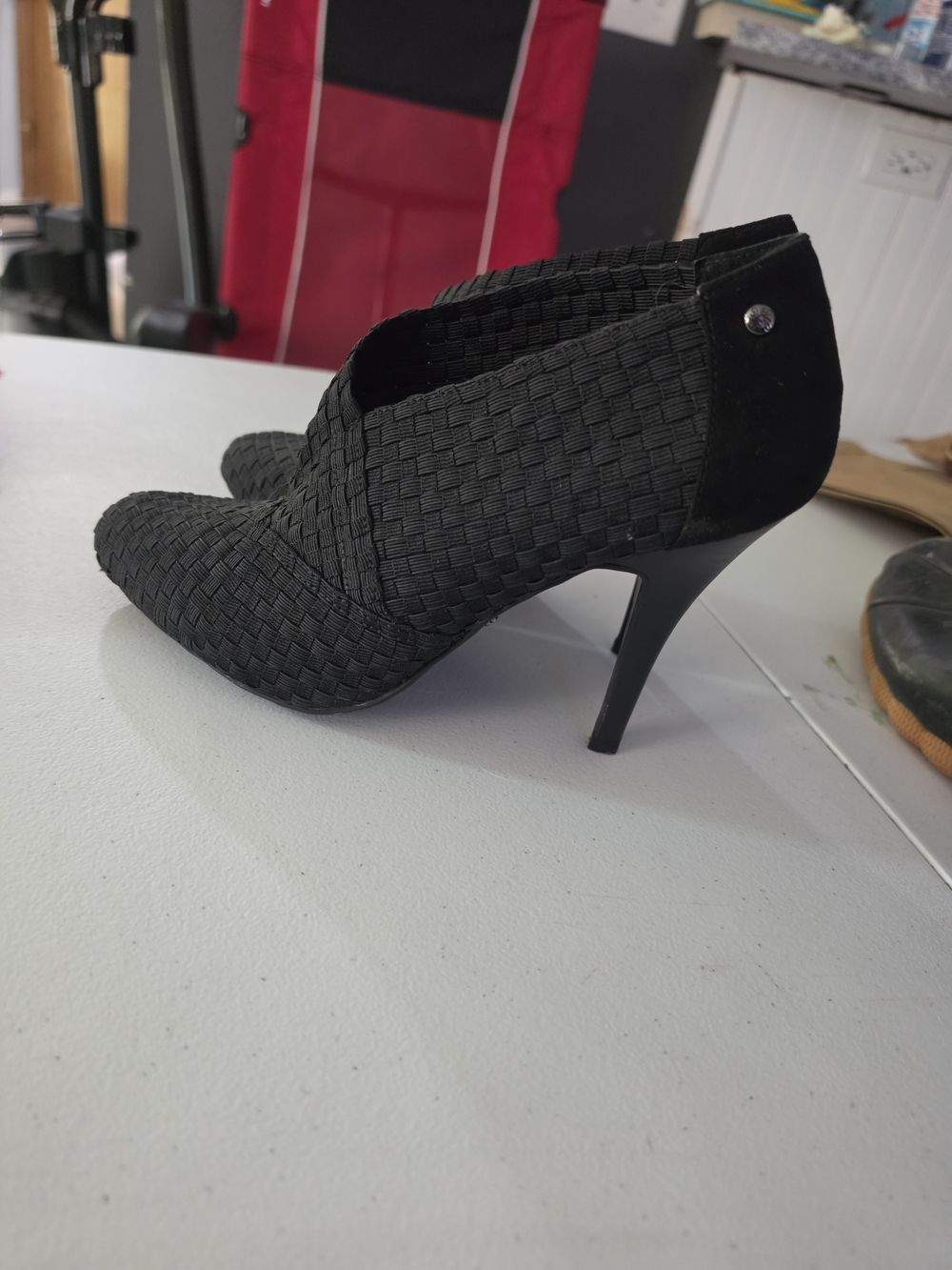 Black Woven Pointed-Toe Stiletto Ankle Booties - Women